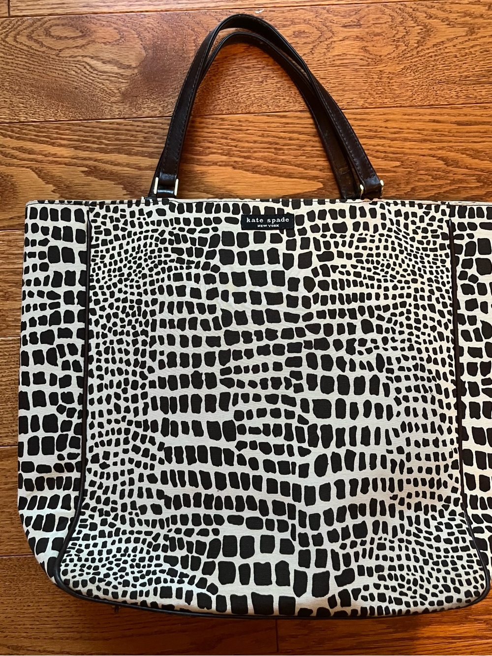 Vintage 90s Kate Spade Safari Lizard Faille tote bag. Tan and brown. Made in USA